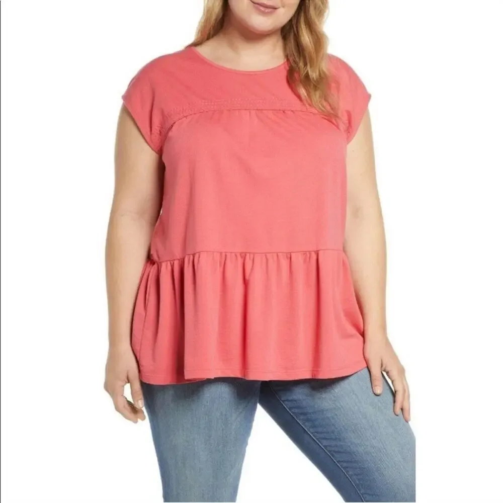 NWOT CASLON Women's Peplum Ruffle Knit Tunic Top Pink